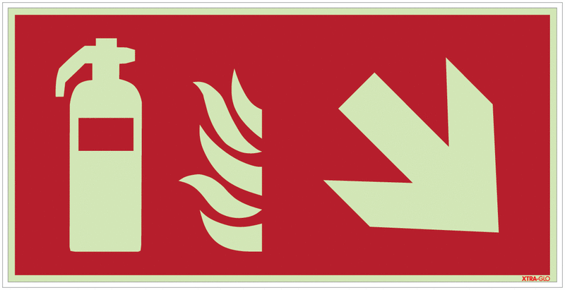Feuerlöscher rechts schräg runter - Brandschutzzeichen Kombischilder, langnachleuchtend, EN ISO 7010