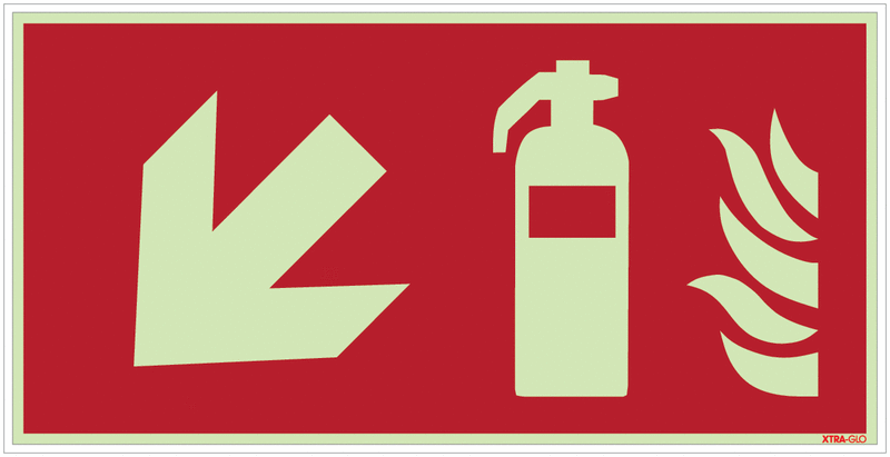 Feuerlöscher links schräg runter - Brandschutzzeichen Kombischilder, langnachleuchtend, EN ISO 7010