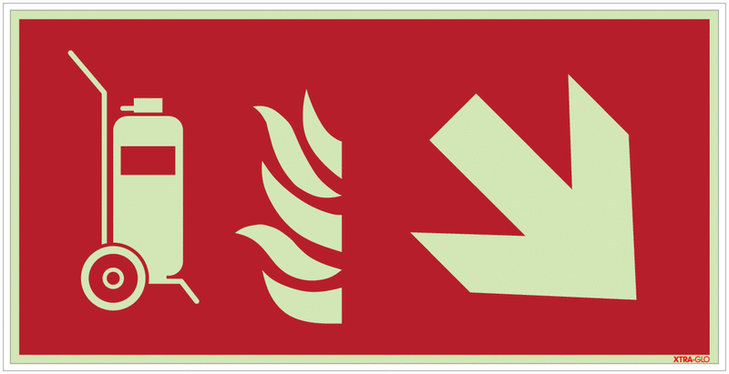 Fahrbarer Feuerlöscher rechts schräg runter - Brandschutzzeichen Kombischilder, langnachleuchtend, EN ISO 7010