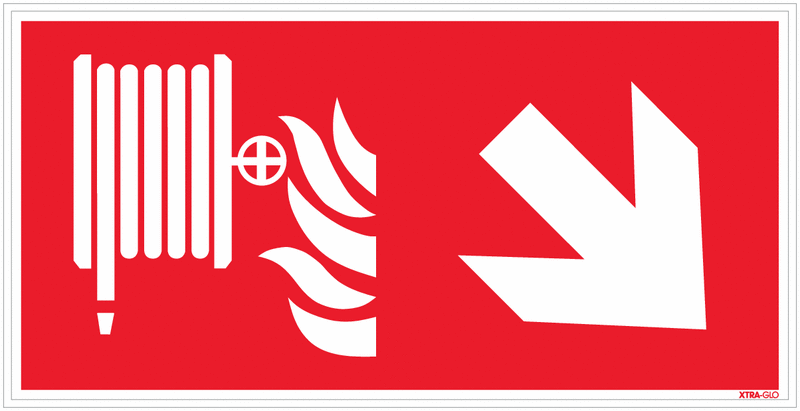 Löschschlauch rechts schräg runter - Brandschutzzeichen Kombischilder, langnachleuchtend, EN ISO 7010