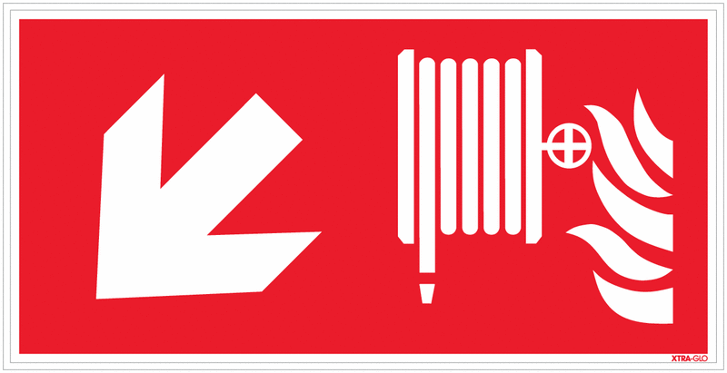 Löschschlauch links schräg runter - Brandschutzzeichen Kombischilder, langnachleuchtend, EN ISO 7010