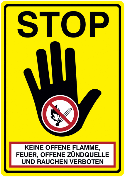 Keine offene Flamme, Feuer, offene Zündquelle und Rauchen verboten - STOP-Kombischilder, Symbol nach EN ISO 7010