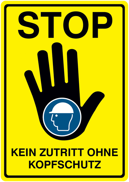 Kein Zutritt ohne Kopfschutz - STOP-Kombischilder, Symbol nach EN ISO 7010