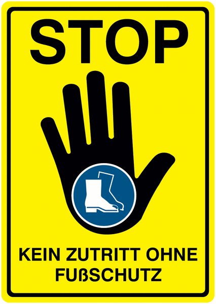 Kein Zutritt ohne Fußschutz - STOP-Kombischilder, Symbol nach EN ISO 7010