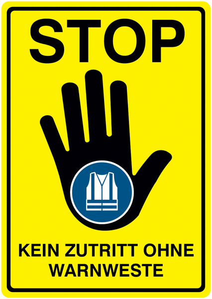 Kein Zutritt ohne Warnweste - STOP-Kombischilder, Symbol nach EN ISO 7010