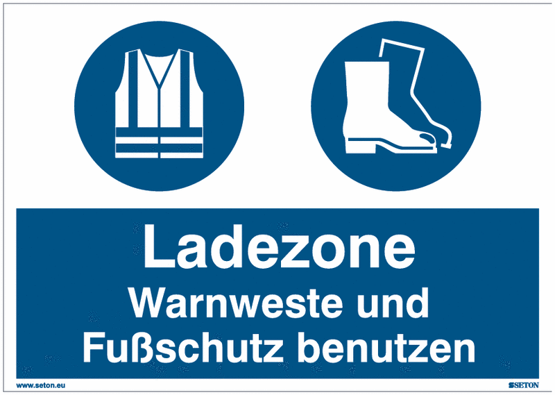 Gebotsschilder "Ladezone - Warnweste und Fußschutz benutzen" Symbol nach EN ISO 7010