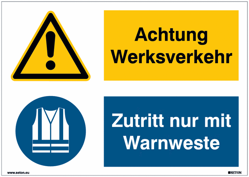 Mehrsymbolschilder "Achtung Werksverkehr/Zutritt nur mit Warnweste" Symbol nach EN ISO 7010