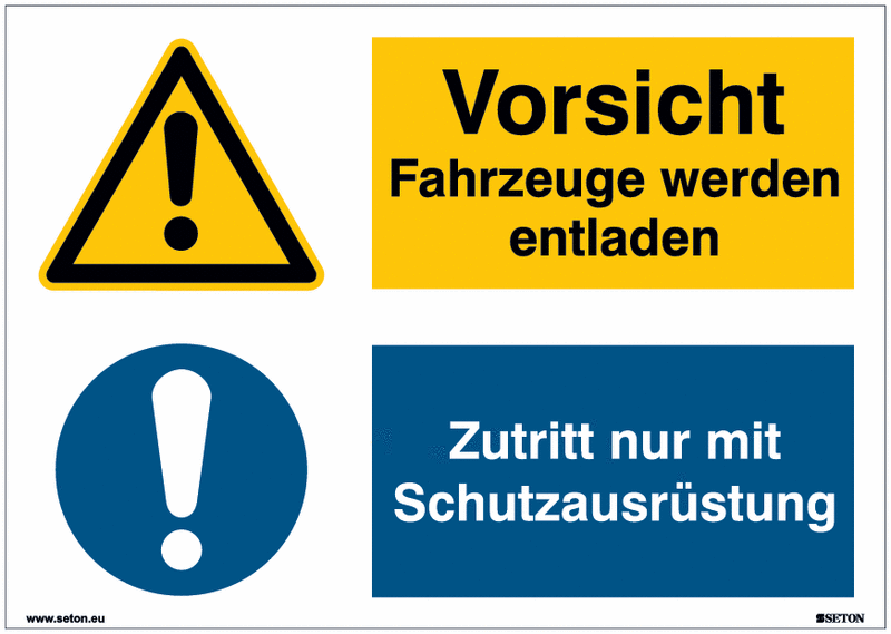 Mehrsymbolschilder "Vorsicht Fahrzeuge werden entladen/Zutritt nur mit Schutzausrüstung" Symbol nach EN ISO 7010