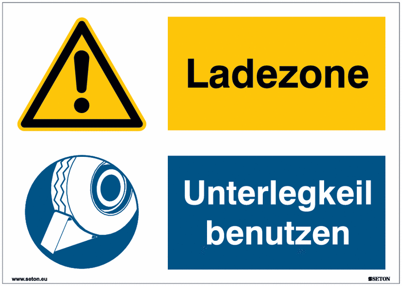 Mehrsymbolschilder "Ladezone/Unterlegkeil benutzen (Keil)" Symbol nach EN ISO 7010 und praxiserprobt