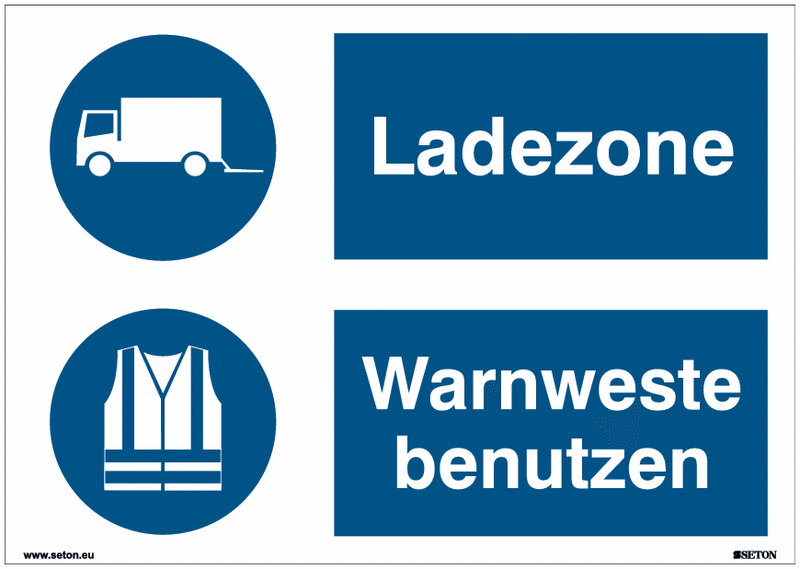 Mehrsymbolschilder "Ladezone/Warnweste benutzen" Symbol nach EN ISO 7010 und praxiserprobt