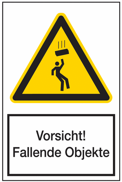 Warnaufsteller mit Sicherheitskennzeichnung "Vorsicht! Fallende Objekte"