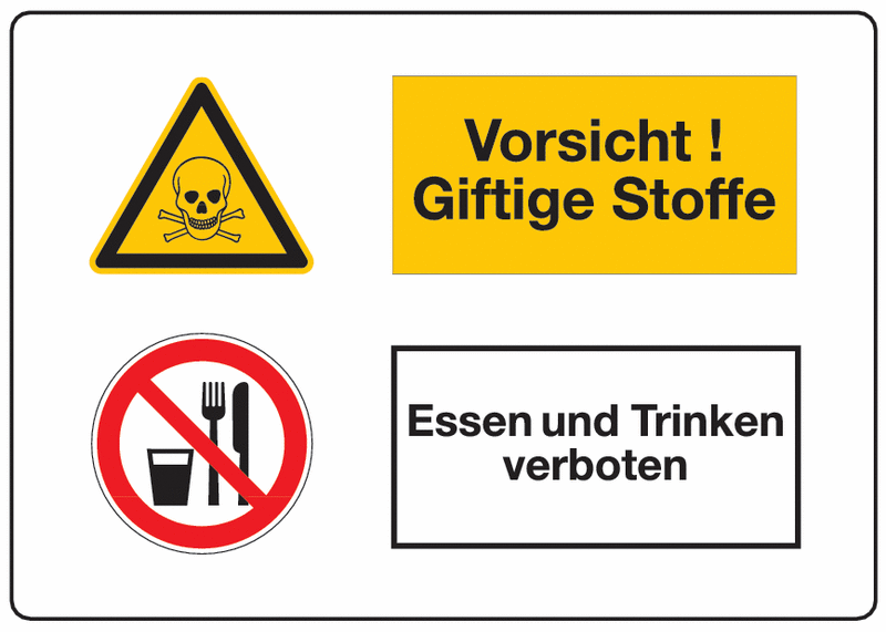 Giftige Stoffe/Essen und Trinken verboten - Mehrsymbol-Kombischilder mit Sicherheitskennzeichen