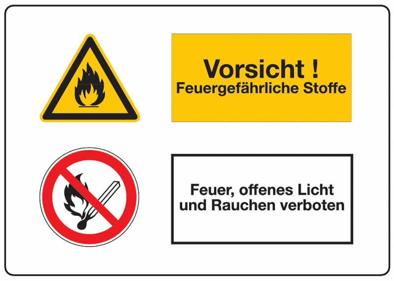 Vorsicht! Feuergefährliche Stoffe/Feuer, offens Licht und... - Mehrsymbol-Kombischilder mit Sicherheitskennzeichen