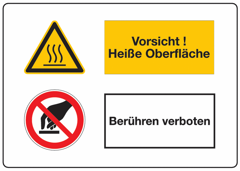 Vorsicht! Heiße Oberfläche/Berühren verboten - Mehrsymbol-Kombischilder mit Sicherheitskennzeichen