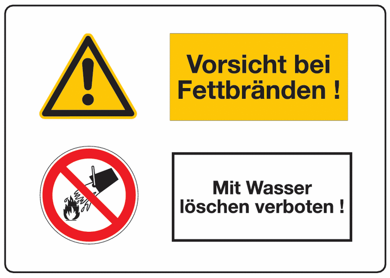 Vorsicht bei Fettbränden/Mit Wasser löschen verboten - Mehrsymbol-Kombischilder mit Sicherheitskennzeichen
