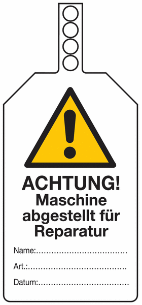 Achtung! Maschine abgestellt für Reparatur – Sicherheitsanhänger, beschriftbar
