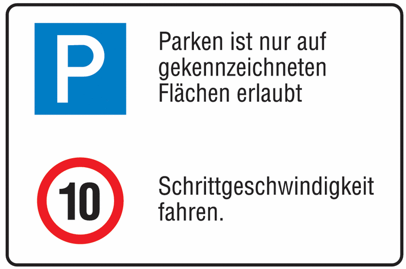 Parken/Zulässige Höchstgeschwindigkeit 10 km/h - Parkplatz-Kombinations-Schilder, Aluminium