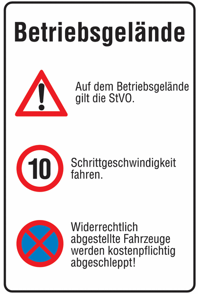 Gefahrstelle/Zulässige Höchstgeschwindigkeit 10 kmh/Absolutes Haltverbot - Parkplatz-Kombinations-Schilder, Aluminium