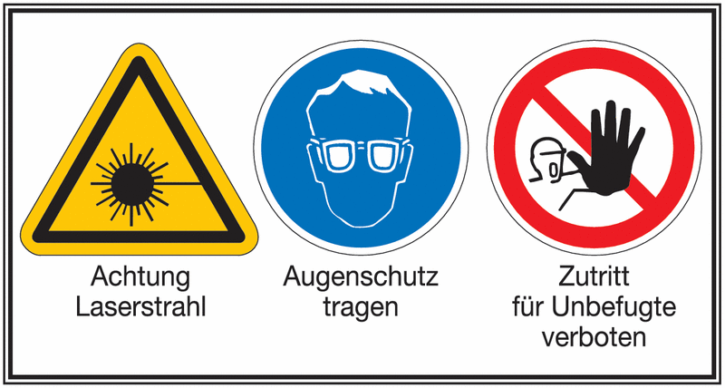 Laserstrahl/Augenschutz tragen/Zutritt für Unbefugte verboten – Mehr-Symbolschilder, ÖNORM Z1000