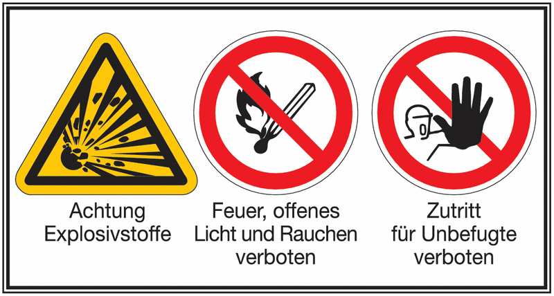 Explosivstoffe/Feuer, offenes Licht und.../Zutritt f. Unb. verboten – Mehr-Symbolschilder, ÖNORM Z1000