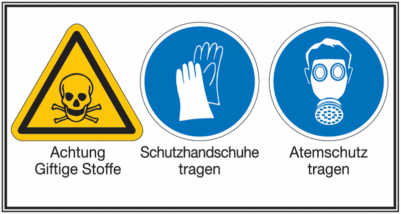 Giftige Stoffe/Schutzhandschuhe/Atemschutz - Mehr-Symbolschilder, ÖNORM Z1000