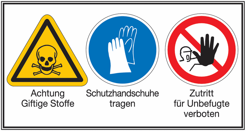 Giftige Stoffe/Schutzhandschuhe tragen/Zutritt für Unbefugte verboten – Mehr-Symbolschilder, ÖNORM Z1000