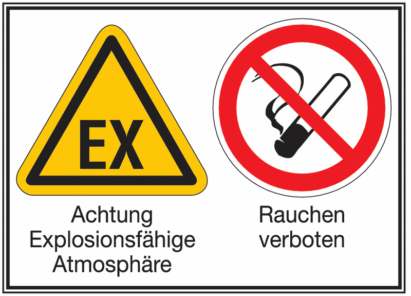 Achtung Explosionsfähige Atmosphäre/Rauchen verboten – Mehr-Symbolschilder, ÖNORM Z1000
