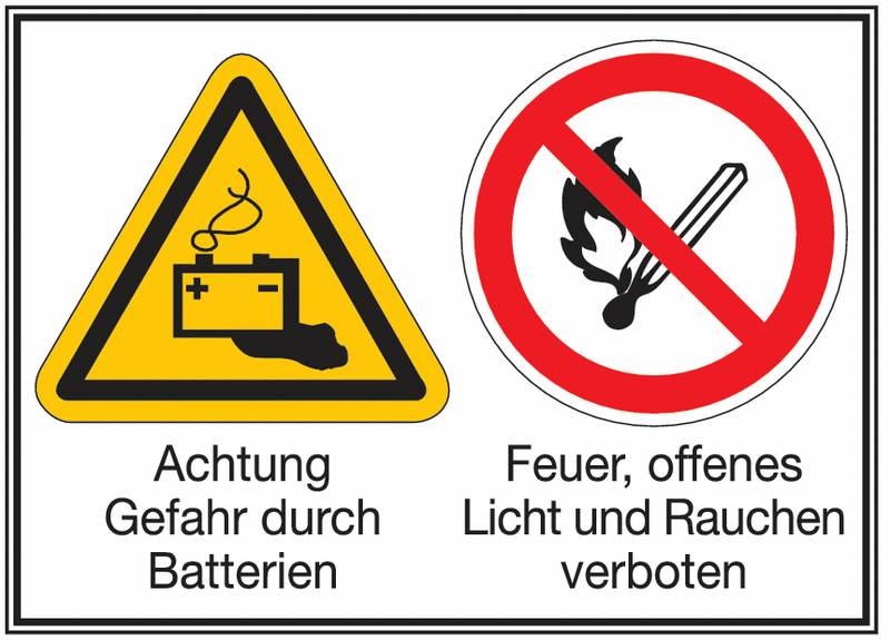 Achtung Gefahr durch Batterien/Feuer, offenes Licht und...– Mehr-Symbolschilder, ÖNORM Z1000