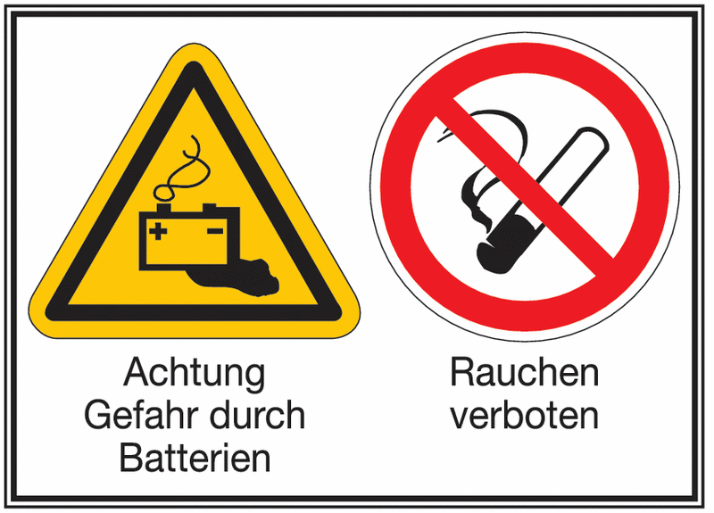 Achtung Gefahr durch Batterien/Rauchen verboten – Mehr-Symbolschilder, ÖNORM Z1000