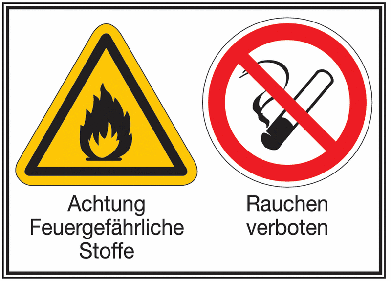 Achtung Feuergefährliche Stoffe/Rauchen verboten – Mehr-Symbolschilder, ÖNORM Z1000