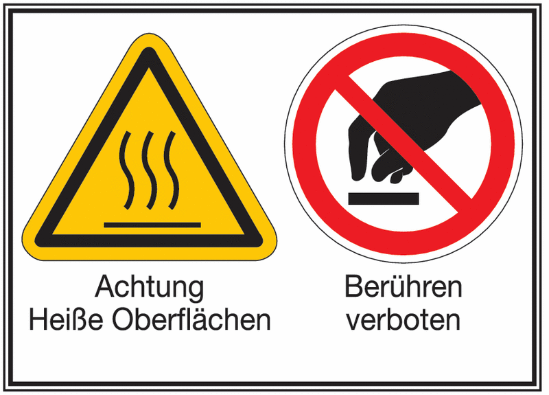 Achtung Heiße Oberflächen/Berühren verboten - Mehr-Symbolschilder, ÖNORM Z1000