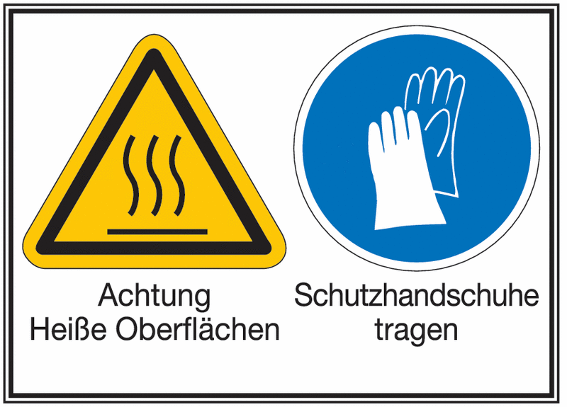 Achtung vor heißer Oberfläche/Schutzhandschuhe tragen - Mehr-Symbolschilder, ÖNORM Z1000