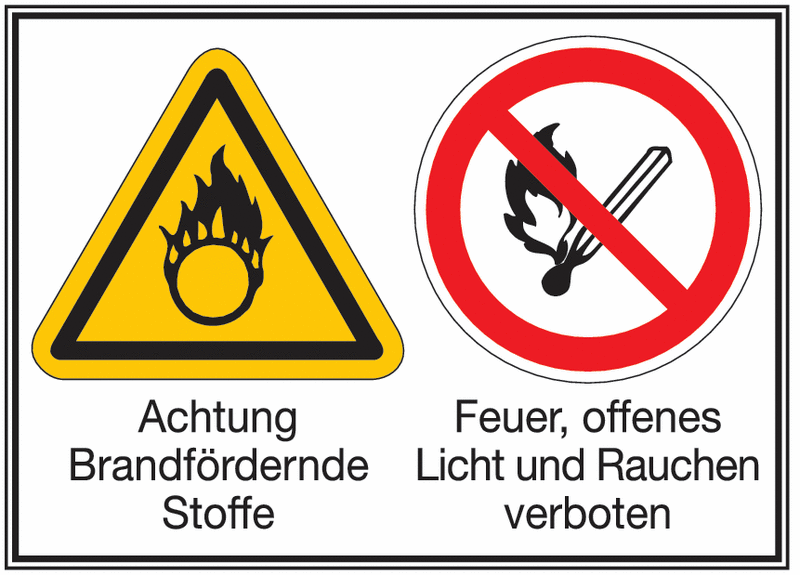 Achtung Brandfördernde Stoffe/Feuer, offenes Licht und... – Mehr-Symbolschilder, ÖNORM Z1000