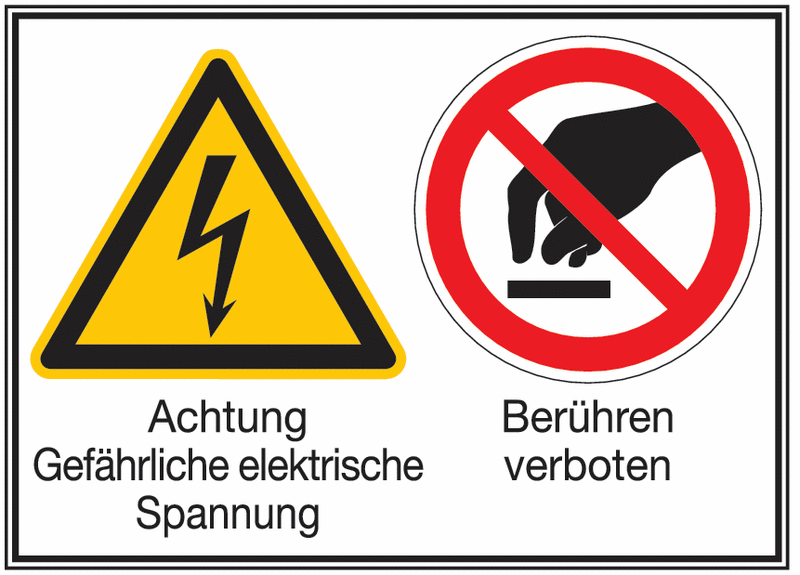 Achtung Gefährliche elektrische Spannung/Berühren verboten – Mehr-Symbolschilder, ÖNORM Z1000