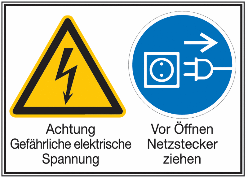 Gefährliche elektrische Spannung/Vor dem Öffnen Netzstecker ziehen - Mehr-Symbolschilder, ÖNORM Z1000