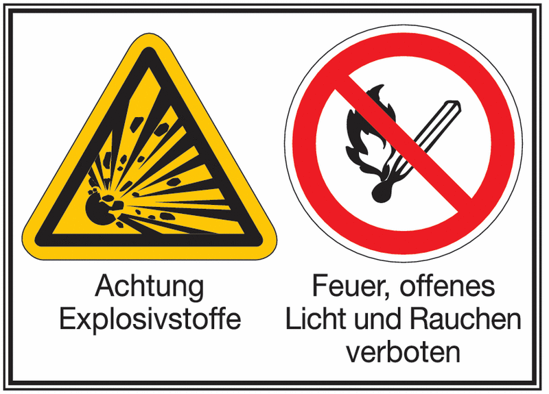 Achtung Explosivstoffe/Feuer, offenes Licht und...– Mehr-Symbolschilder, ÖNORM Z1000