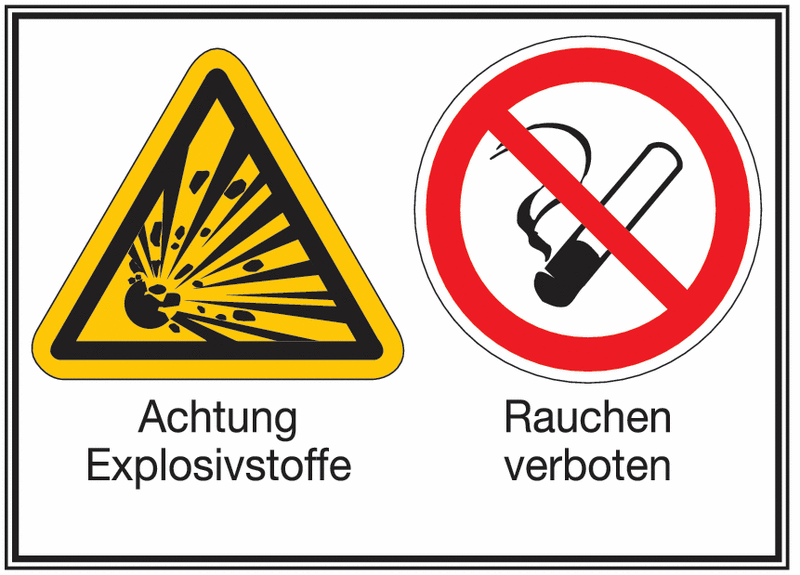 Achtung Explosivstoffe/Rauchen verboten – Mehr-Symbolschilder, ÖNORM Z1000