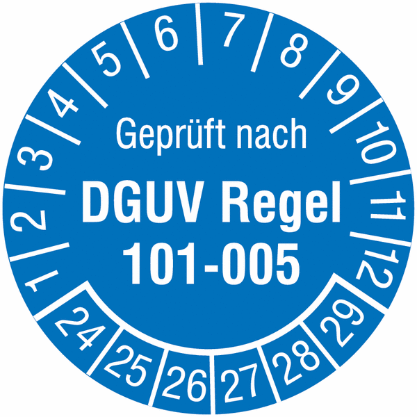 Prüfplaketten "Geprüft nach DGUV Regel "101-005" für hochziehbare Personenaufnahmemittel, SETON-Jahresfarben