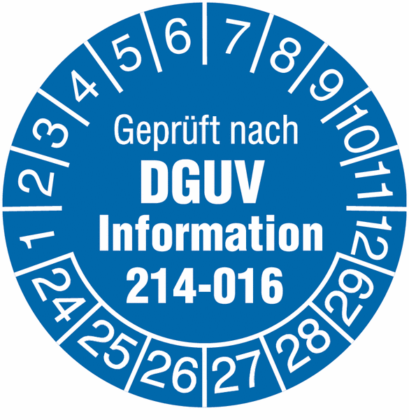 Geprüft nach DGUV Information 214-016 - Prüfplaketten nach DGUV, fälschungssicher