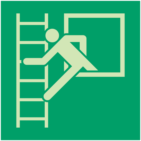 Rettungszeichen-Symbol-Schilder "Notausstieg mit Fluchtleiter in Fluchtrichtung (links)" nach EN ISO 7010