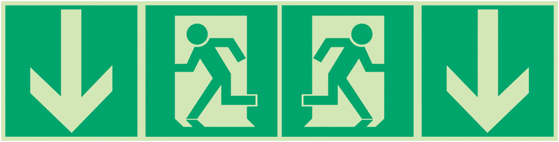 Notausgang links/rechts abwärts - Fahnen-, Winkel-, Deckenschilder mit Rettungszeichen-Kombi-Symbolen, ÖNORM Z1000