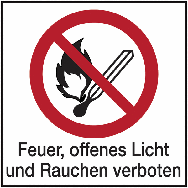 Feuer, offenes Licht und Rauchen verboten - Hinweisschilder Public, Symbole mit Text