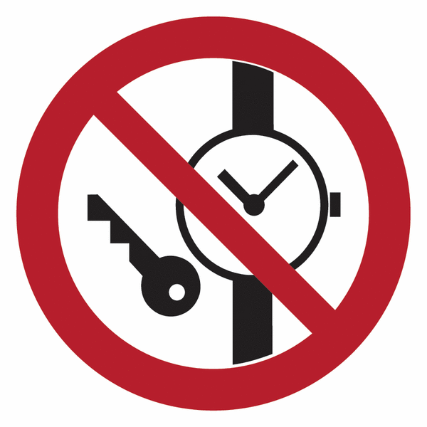 Symbol-Verbotsschilder "Mitführen von Metallteilen oder Uhren verboten"