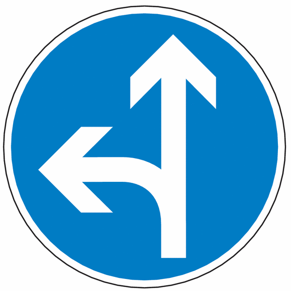 Vorgeschriebene Fahrtrichtung geradeaus oder links/rechts - Verkehrszeichen für Deutschland, StVO, DIN 67520
