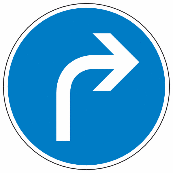 Verkehrsschilder "Vorgeschriebene Fahrtrichtung hier rechts" - StVO Verkehrszeichen-Nr. 209-10