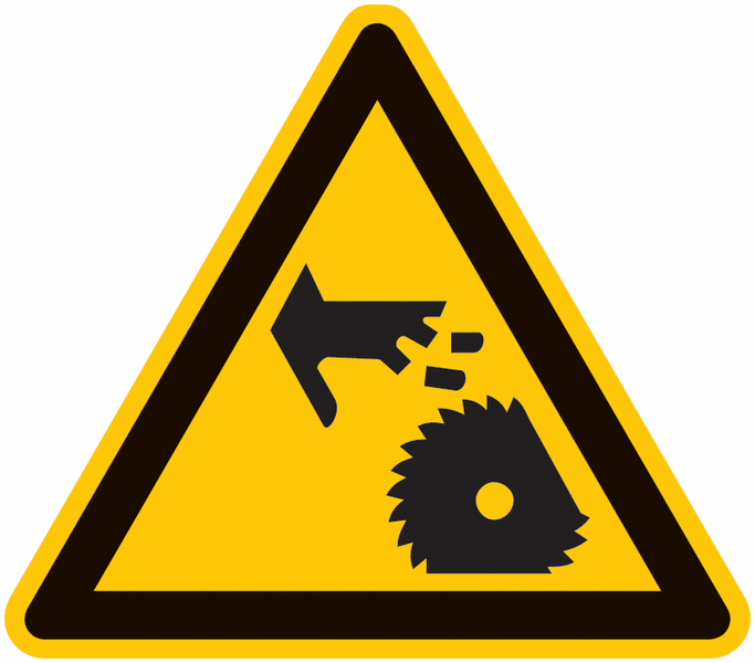 Symbol-Warnschilder "Warnung vor Gefahr durch rotierendes Sägeblatt"