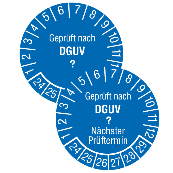 Prüfplaketten mit individuellem DGUV-Zahlenschlüssel, Dokumentenfolie, fälschungssicher