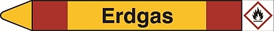 gelber pfeil mit roten streifen, text: erdgas, gefahrenpiktogramm: rotumrandete raute mit schwarzem flammensymbol auf weissem grund