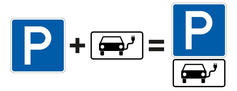 Parkplatzschild mit Zusatzzeichen E-Auto-Symbol, StvO