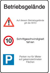 Vorlage: Verkehrstafel - Betriebsgelände - Achtung - Schrittgeschwindigkeit - Parksymbol